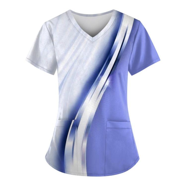 Plus Size Scrub Tops Women V Neck Short Sleeve Work Uniform Printed Tee With Pockets Fun T Shirts Workwear
