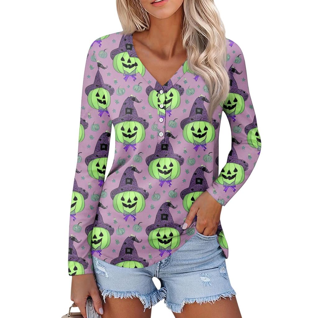 Women's Casual Fashion Sexy Comfort Halloween Printed V-Neck Button Long Sleeve