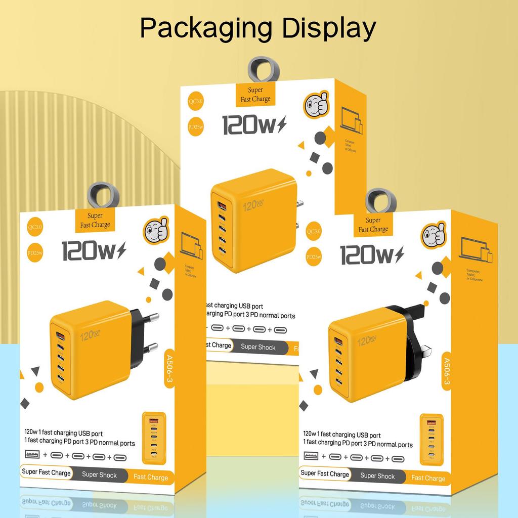 120W Multi-Port Fast Charger - 4 Ports + USB, Compatible with Xiaomi, Apple, Type-C; EU, US, UK Standards