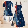 Women Plus Size Printed Two Piece Set Short Sleeve Open Cardigan Strappy V Neck Flared Dress