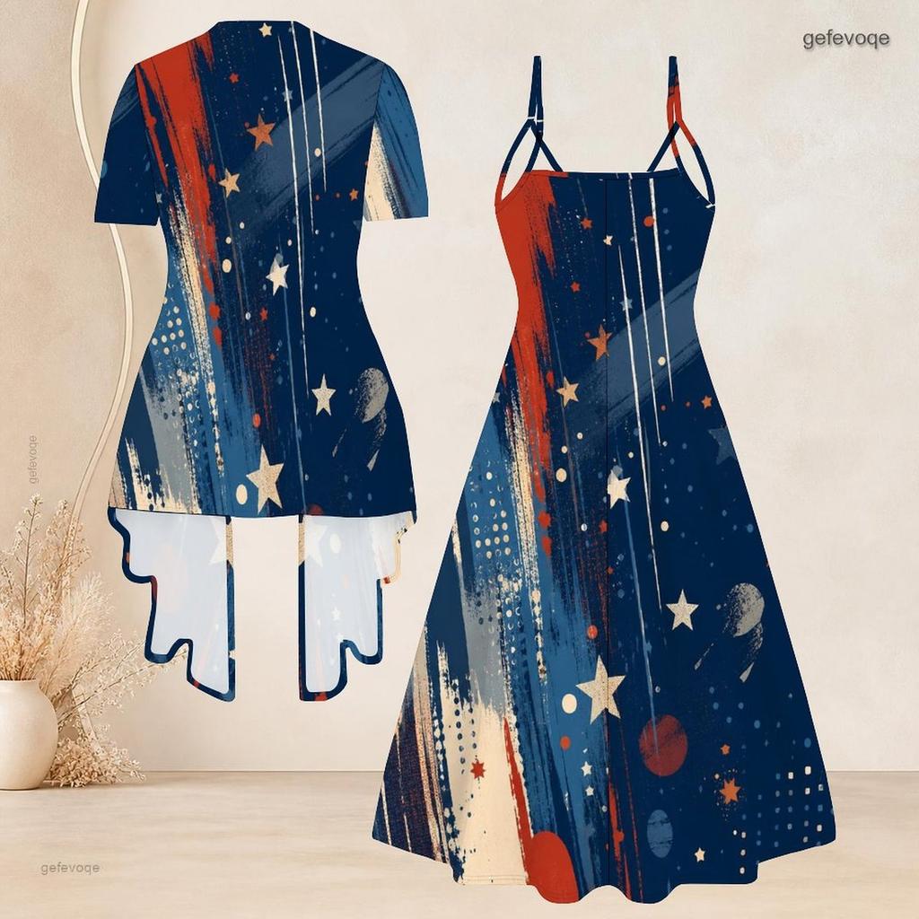 Women Plus Size Printed Two Piece Set Short Sleeve Open Cardigan Strappy V Neck Flared Dress