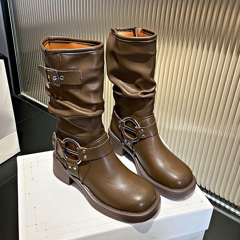 Western Cowboy Belt Buckle Pile Boots Medium Boots Tall Knight Boots Thick Heel Square Head Martin Boots