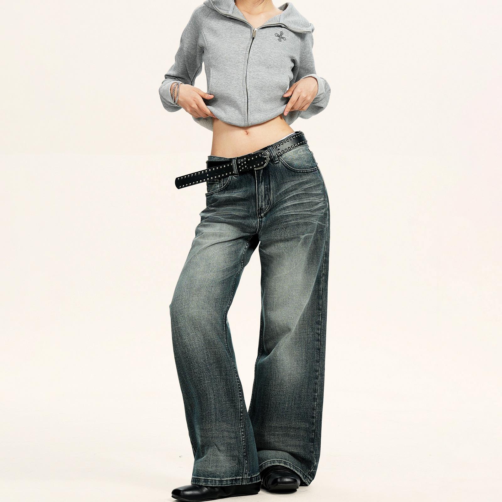 

Yongfang Retro Distressed Wide-Leg Jeans, Unisex Casual Loose-Fit Workwear. 2XL чёрный/синий