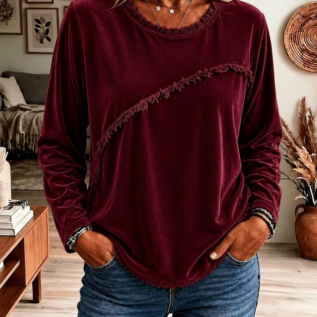 Women's European & American Style Velvet Patchwork Tassel Crew Neck Long Sleeve Top