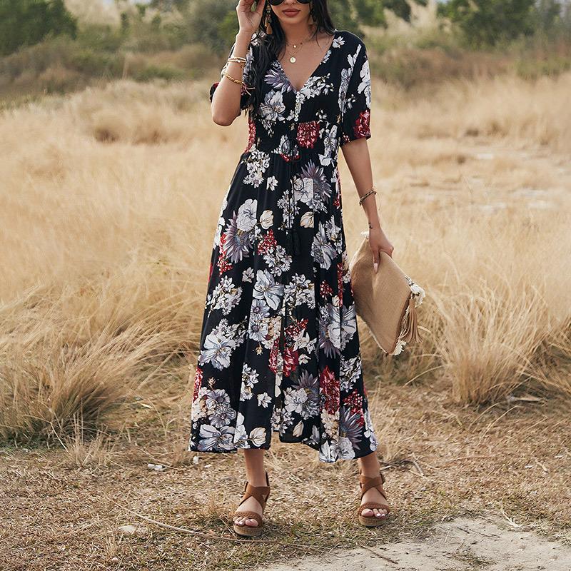 2023 Summer New Sexy Printed Bohemian Dress with Waistline Slimming Women's Clothing