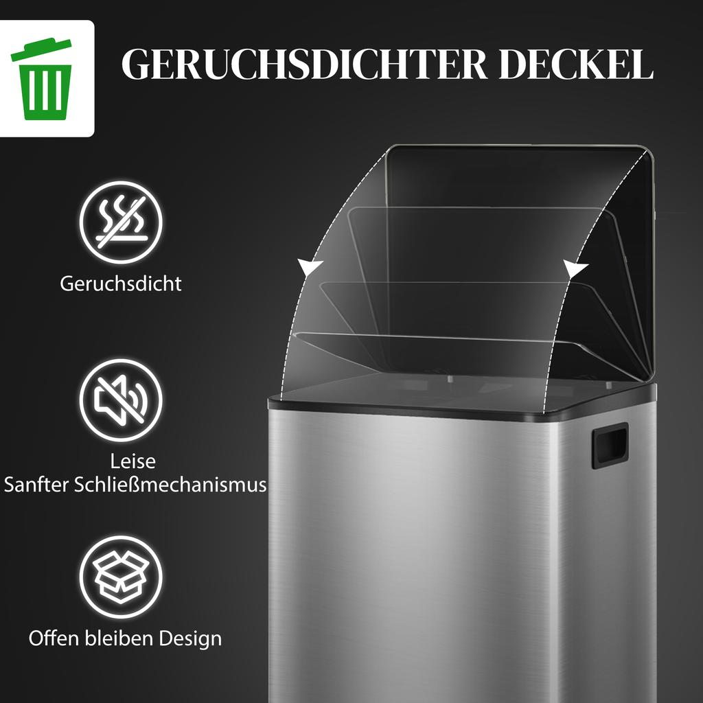 60L Dual Compartment Stainless Steel Bin, with Deodoriser Holders - Silver Tone
