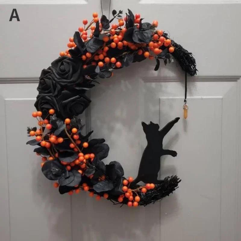 1 Pcs Halloween Moon Cat Garland With Rose Black Decorations Halloweens Garland Wreath For Front Door Door Decor