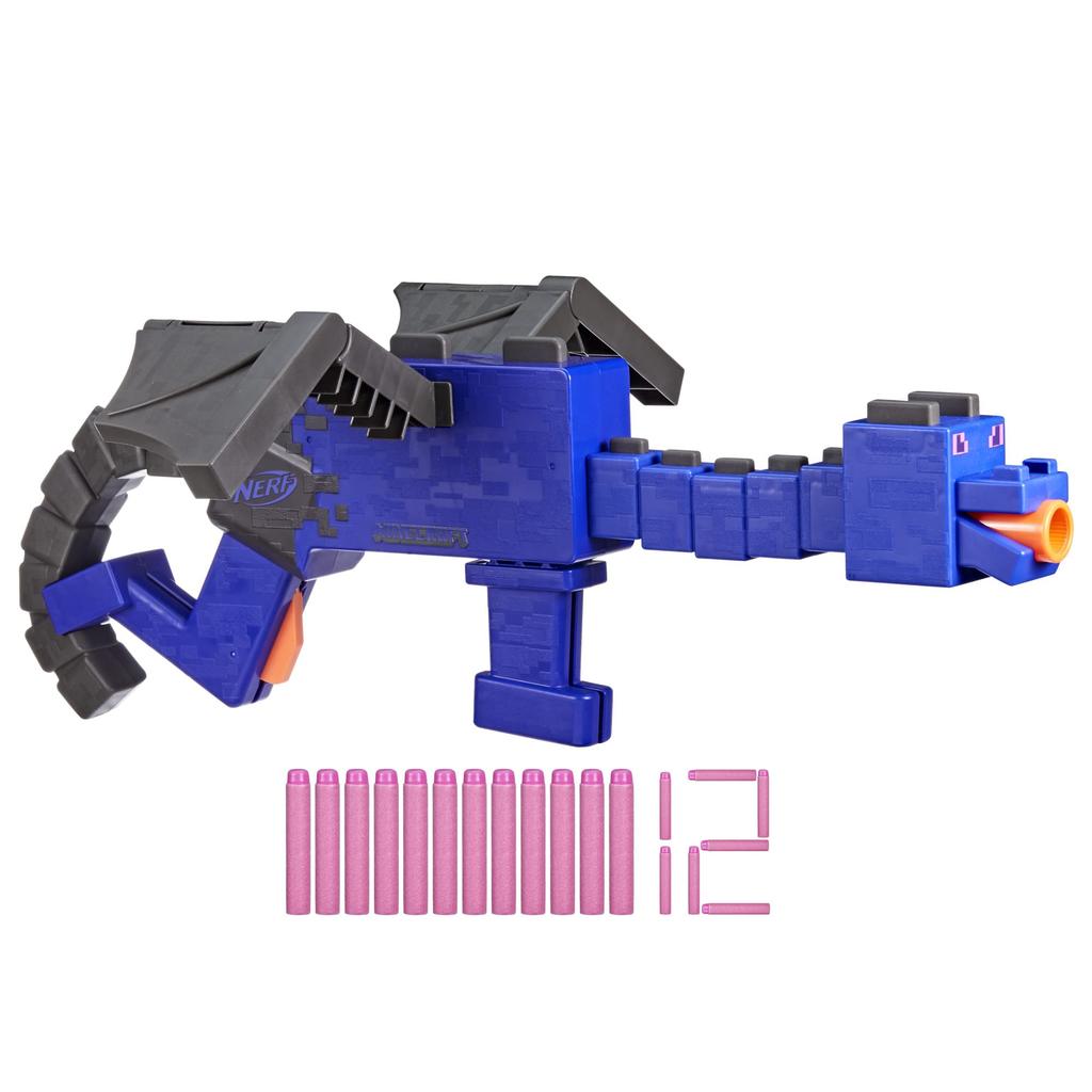Nerf Minecraft Ender Dragon Blaster with a 4-dart clip and 12 Elite darts, featuring a Minecraft character design (F7912) - Authentic