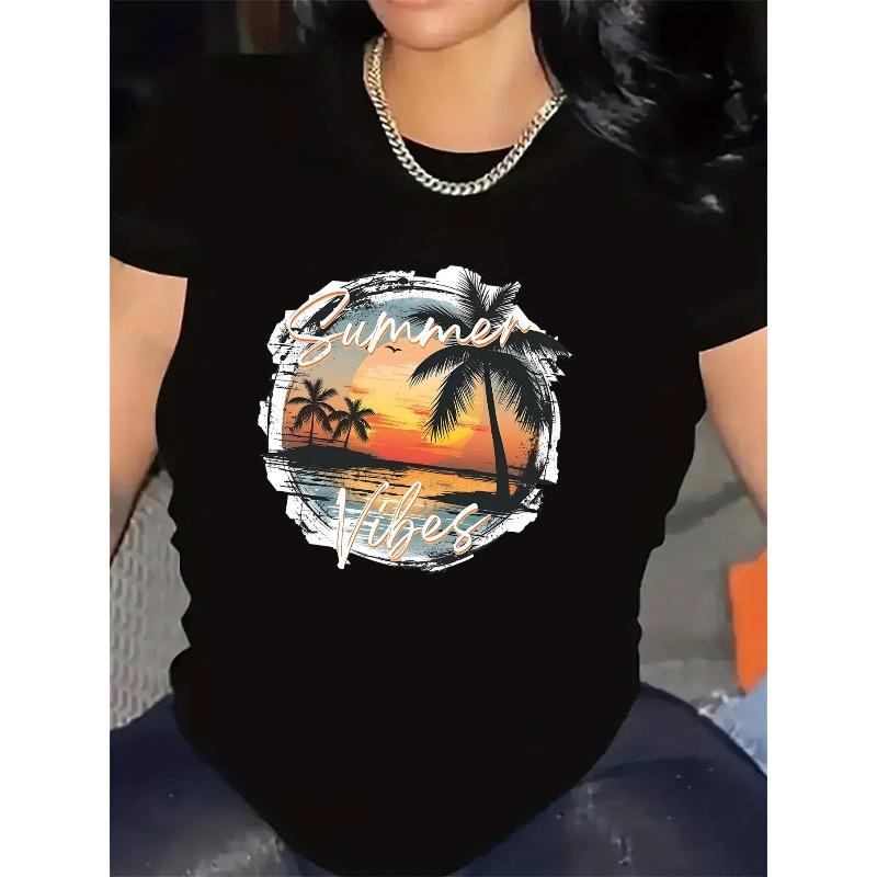 Short Sleeve T-Shirt For Women | Summer Vibes Tropical Sunset Design, Fabric, Lightweight Comfortable, Casual Wear