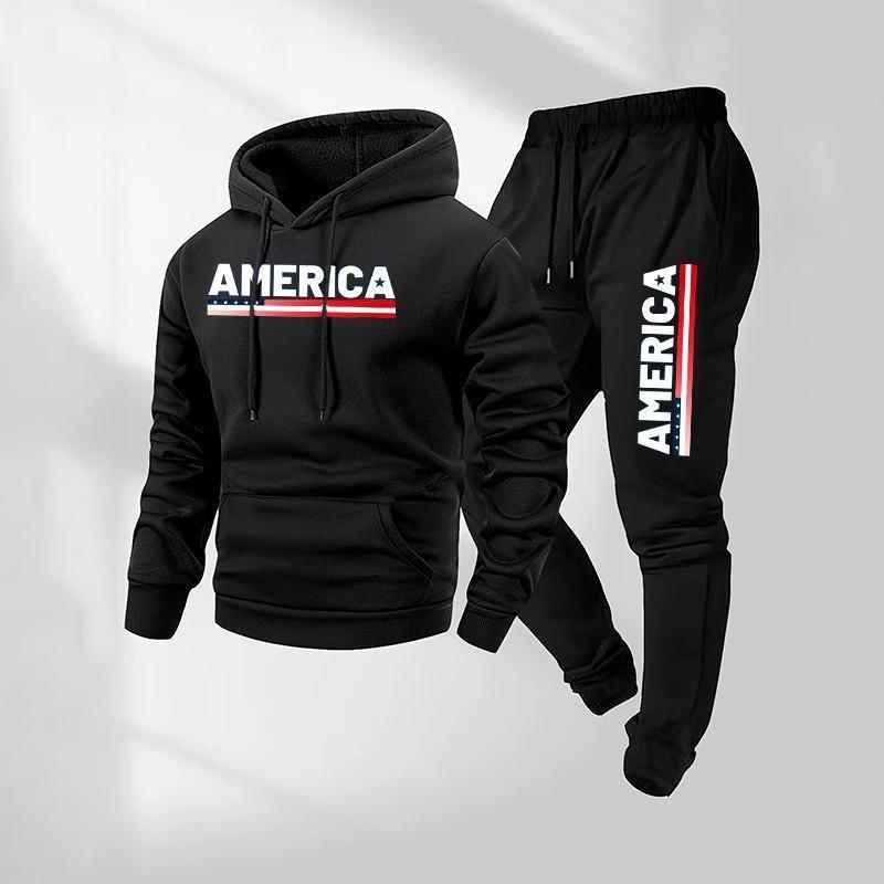 Mens Casual Hooded Sweatshirt Set With Letter Print Long Sleeve Top Pants Winter Warm Outfit