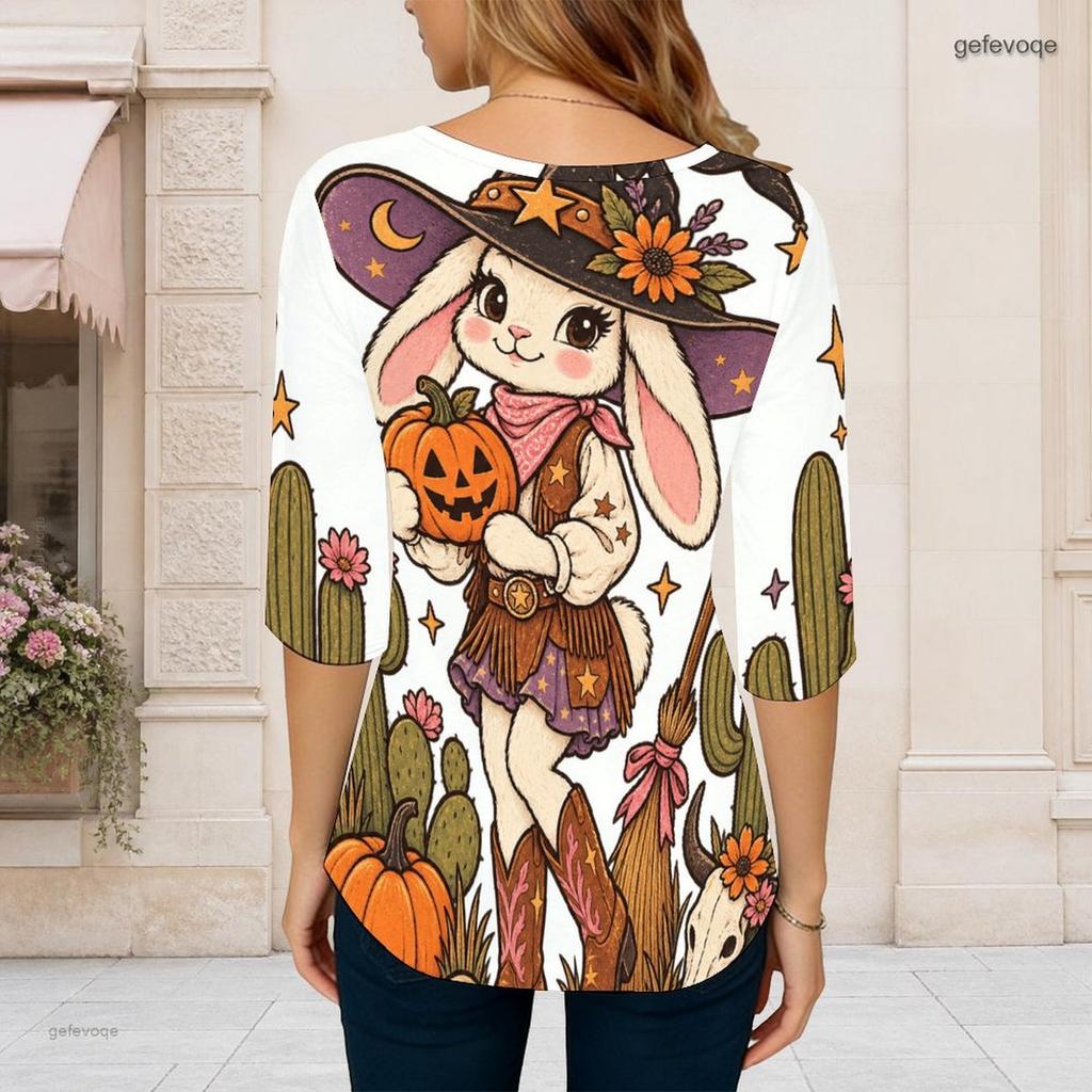 Women Plus Size Round Neck 3 4 Sleeve T Shirt Cartoon Tiger Printed Curved Hem With Pockets