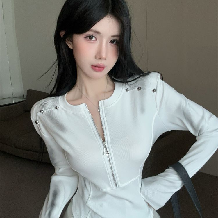 

Женские дизайнерские черно-белые футболки, топы с полумолнией для девочек, футболки Y2K, футболки с длинным рукавом, модные футболки S белый