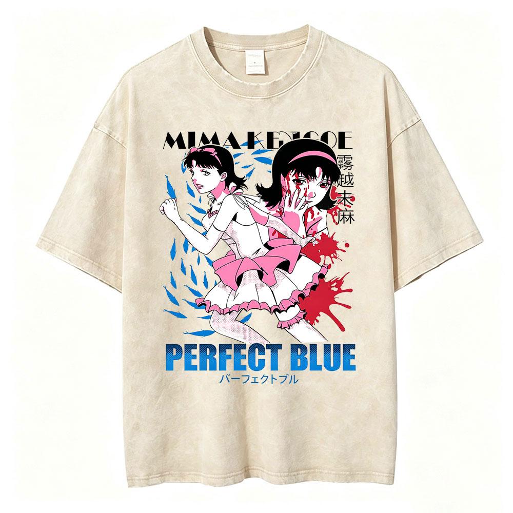 Vintage Washed Anime Perfect Blue A Satoshi Kon Film Mima Kirigoe TShirts Mens Women Fashion Oversized Short Sleeve T Shirts