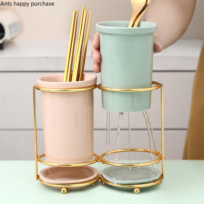 Essstäbchenhalter aus Keramik, Essstäbchenständer, Abtropfgestell, Geschirr-Aufbewahrungsbehälter, Essstäbchenkäfig, Gabel, Löffel, Besteck-Organizer