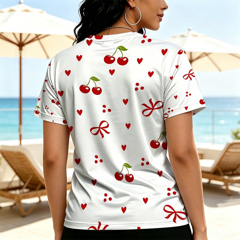 Women's Casual Cherry Print Short Sleeve T-Shirt: Soft & Breathable Cute Basic Top for Daily Wear & Coffee Shop Outings