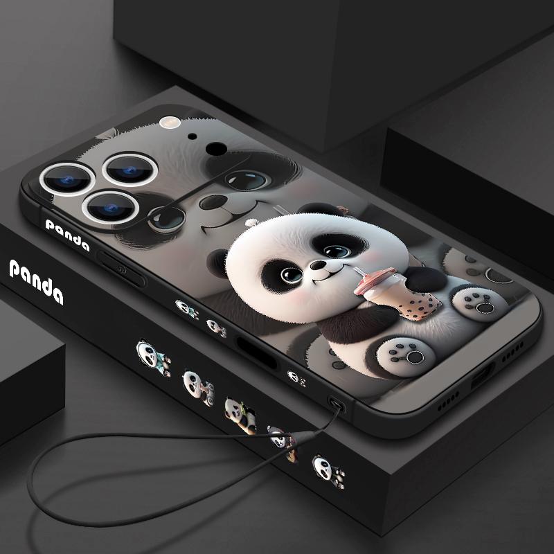 Milk Tea-drinking Panda Lanyard Case For iPhone 17 Pro Max Soft Silicone Cover For iPhone 16 Pro Max Funda iPhone 15 14 13 12 11 16E Air