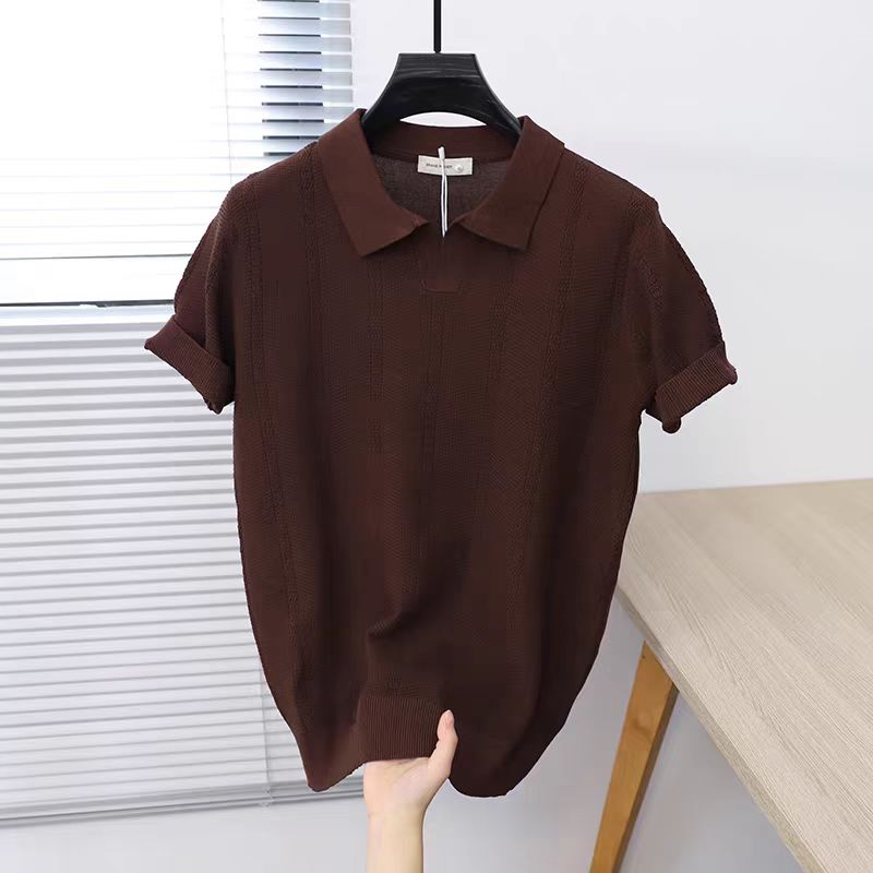 Americká retro volná texturovaná pletená polokošile pro muže Letní retro tričko s límečkem, prodyšné, ve stylu old money, s krátkým rukávem