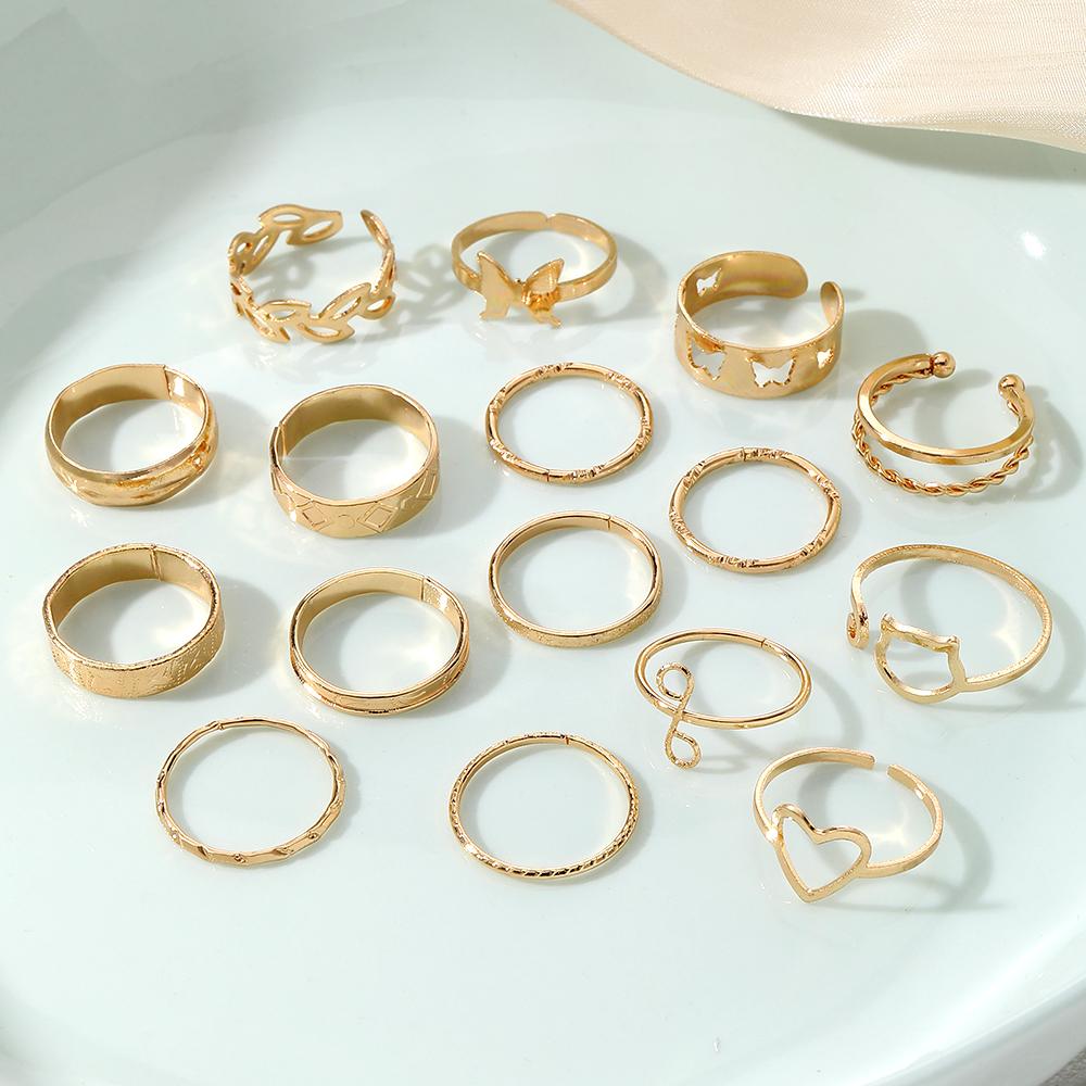 2024 Fashion Leaf Ring Love Butterfly Cat Head Twist Ring 16 Piece Gold Deluxe Cat Ring Open Hand Carved Jewellery Gift Set