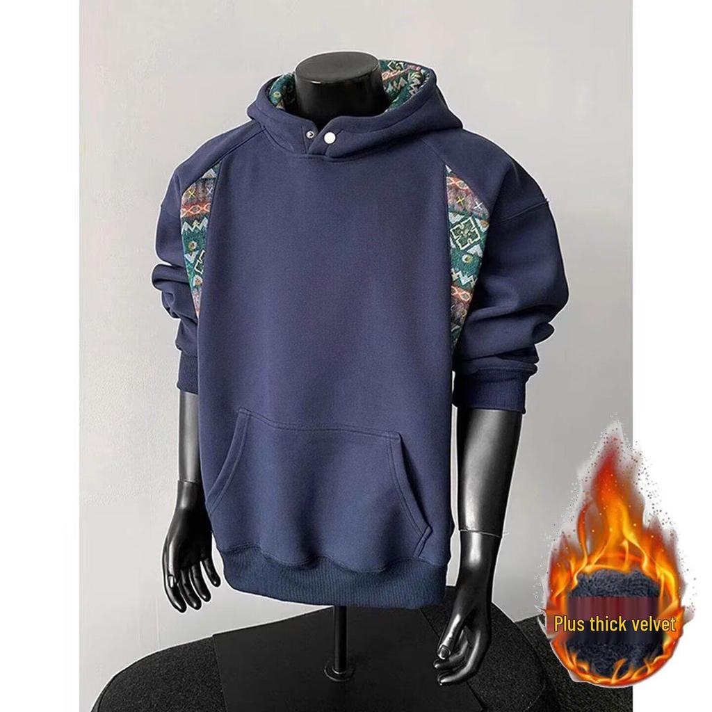 Men's Autumn Patchwork Hoodie: Chinese Ethnic Style, High Collar, Long Sleeve