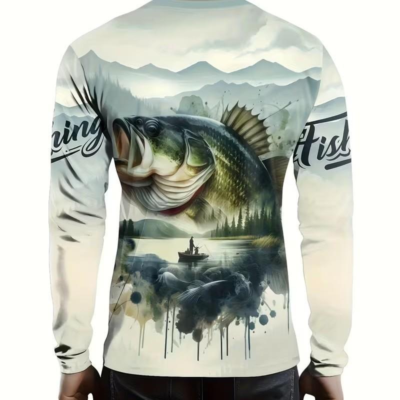 Mens 3D Fish Print Long Sleeve T-Shirt Breathable Loose Fit Outdoor Casual Tee Fishing Hiking Camping