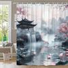 1Pc Asian Landscape Shower Curtain - Serene Watercolor Art With Misty Mountains, Cherry Blossoms, Pagoda, Waterfall & For Lotus