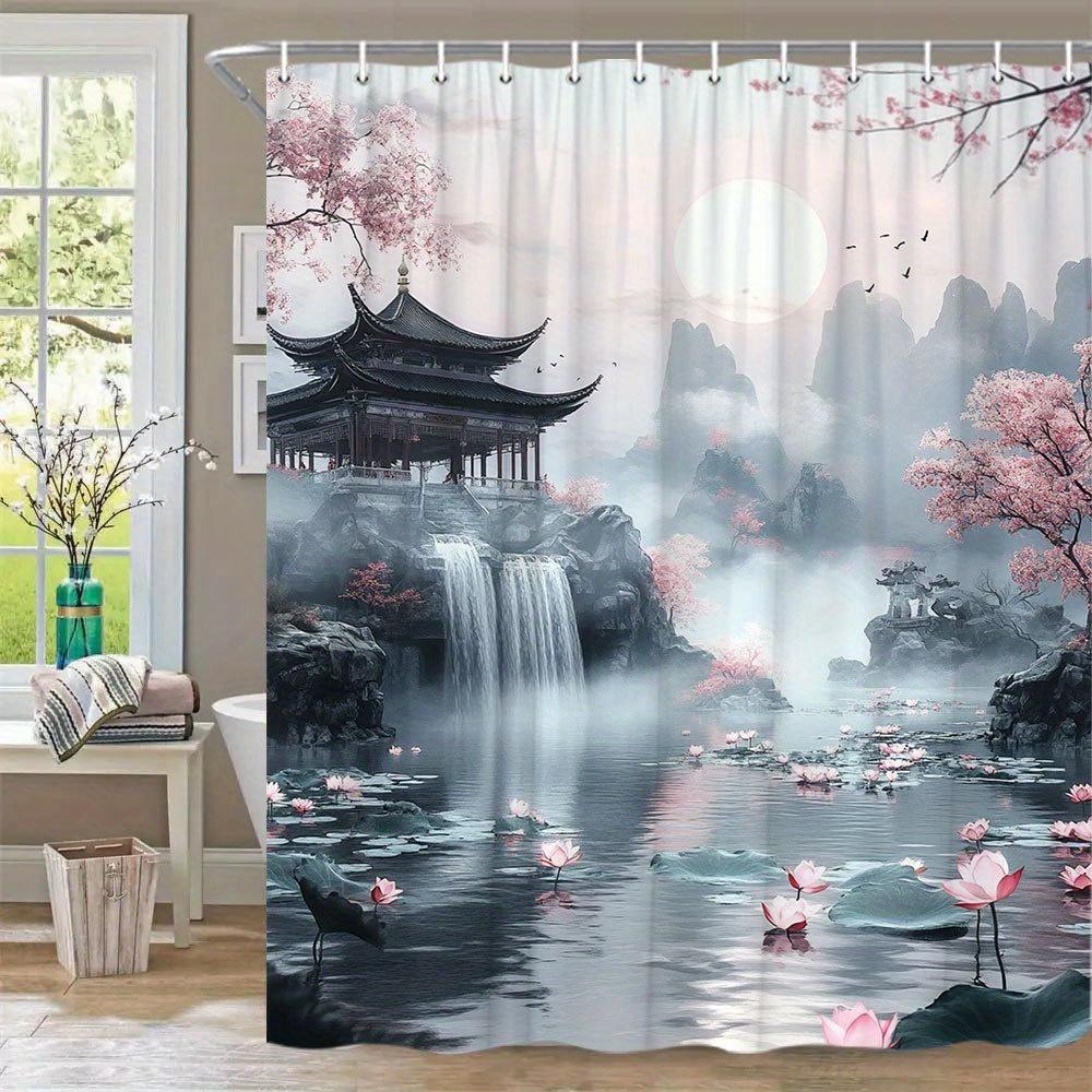 1Pc Asian Landscape Shower Curtain - Serene Watercolor Art With Misty Mountains, Cherry Blossoms, Pagoda, Waterfall & For Lotus