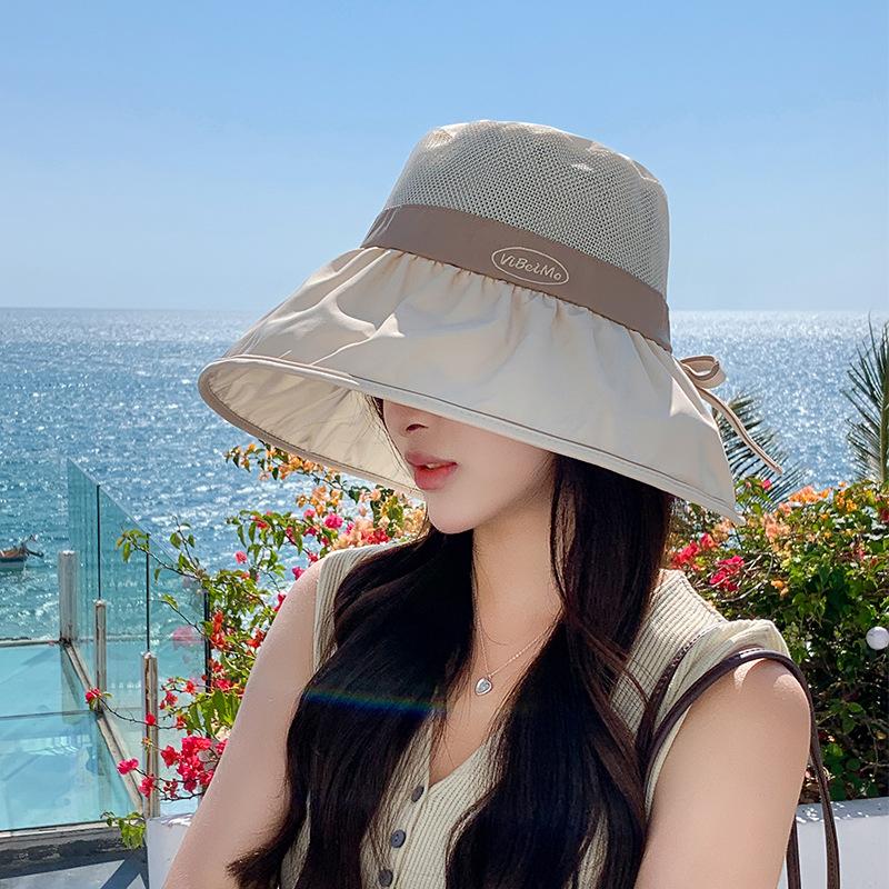 Patchwork Fisherman Hat for Women, Summer Breathable Versatile Wide-Brim Sun Hat, Japanese Style Bowknot UV Protection Bucket Hat