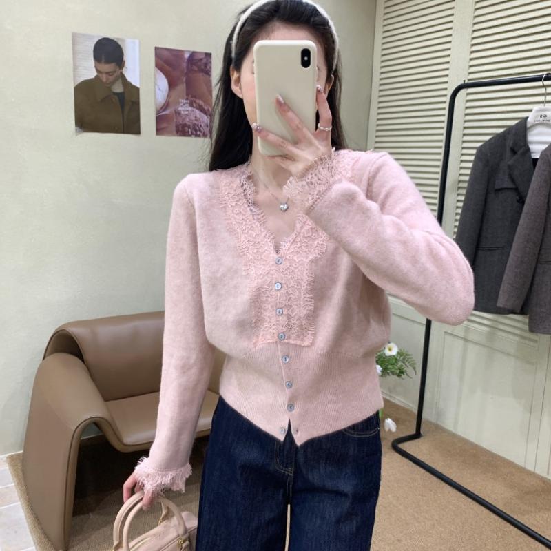 Autumn Long Sleeve Base Cardigan Jackets Women Elegant Slim Fit V-neck Knitted Women's Sweaters Coat Winter Lace Patchwork Cardigans Sweater 25854
