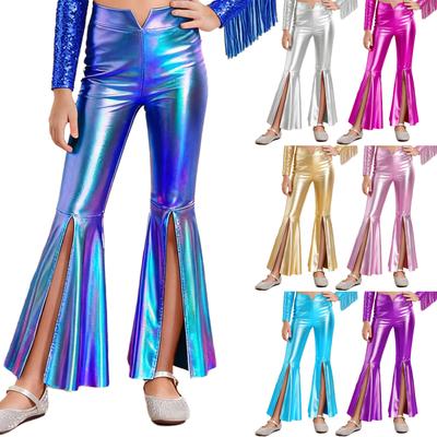 Pantalones de Performance para Concursos de Niñas: Diseño Metálico Brillante de Pantalón de Campana Dividido para Competición de Baile y Espectáculo en Escenario