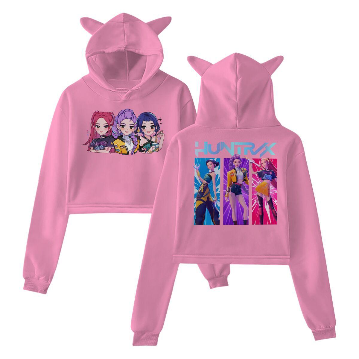 

Harajuku Streetwear Hoodie Women 2025 Girls Clothing Hot Movie KPop Demon Hunters Print Cat Ears Long Sleeve Crop Tops Girls Fashion Hoodies XS рожевий