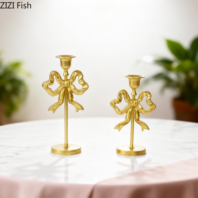 Golden Bowknot Decorative Candle Holder Ornaments Romantic Candlestick Table Decoration Wax Melt Burner Home Aroma Container