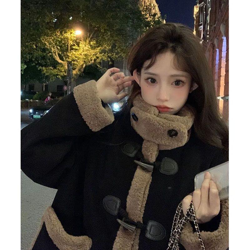 

Thickened horn buckle jacket women s new lamb wool imitation fur top women s winter clothing retro loose velvet short XL recommended 130-72.5 kg