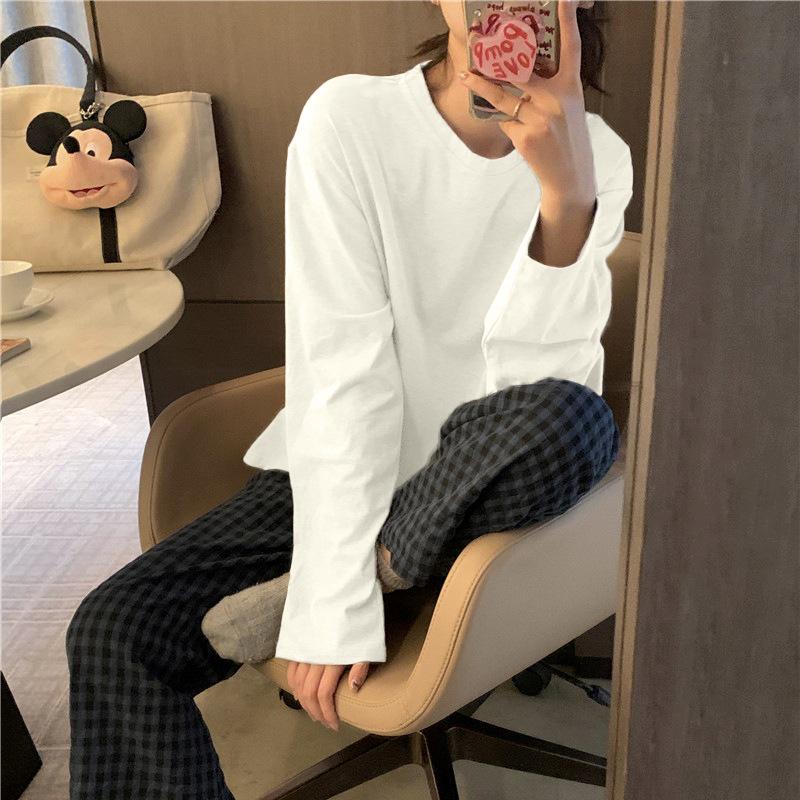 

Корейский стиль Женская пижама из искусственного хлопка: Однотонный топ с длинными рукавами и клетчатые брюки на весну и осень XL