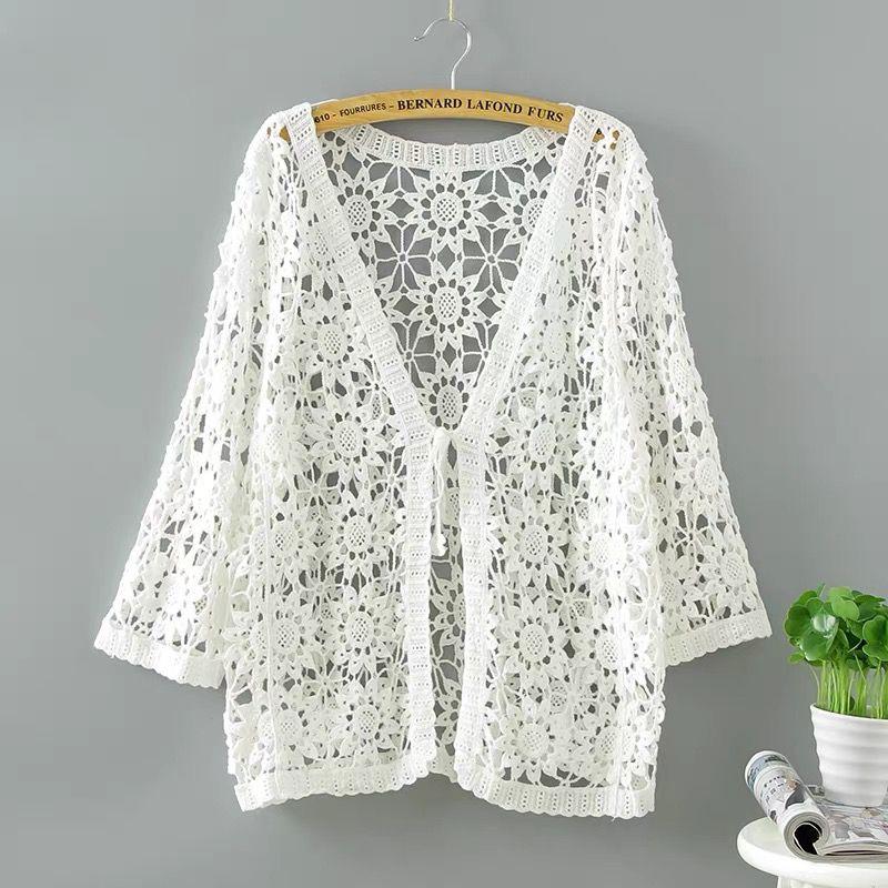 Women Hollow Lace Sunscreen Cardigan Sweater Wide Loose Air Conditioning Knitted Sweater Thin Section Female Spring Autumn