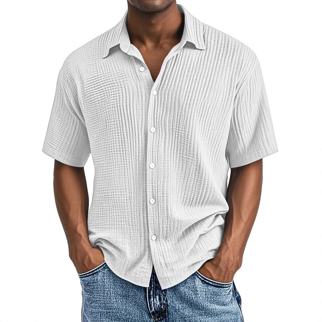 Men Light Blue Short Sleeve Button Down Shirt Casual Striped Linen Look Shirt