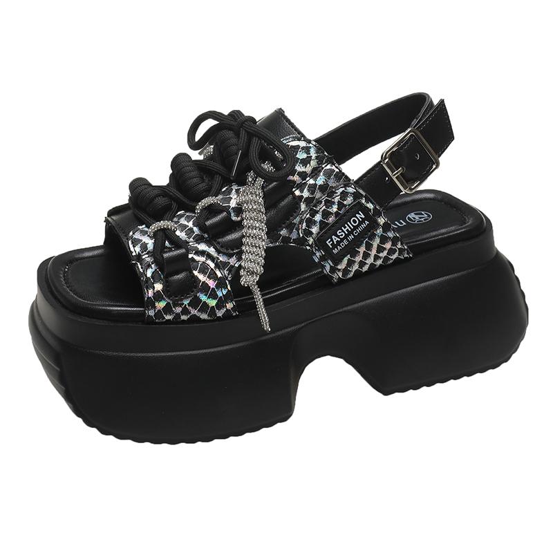 Fashion New Summer Women Leather Chunky Sandals High Platform Trainers Breathable Casual Slippers Shoes Woman 8CM Heels Wedge Sneakers