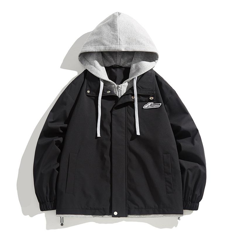 

Spring and Autumn Hooded Fake Two-piece Men s Jacket Men s American Street Vintage Nostalgic Leather Korean Version Casual Wide 3XL