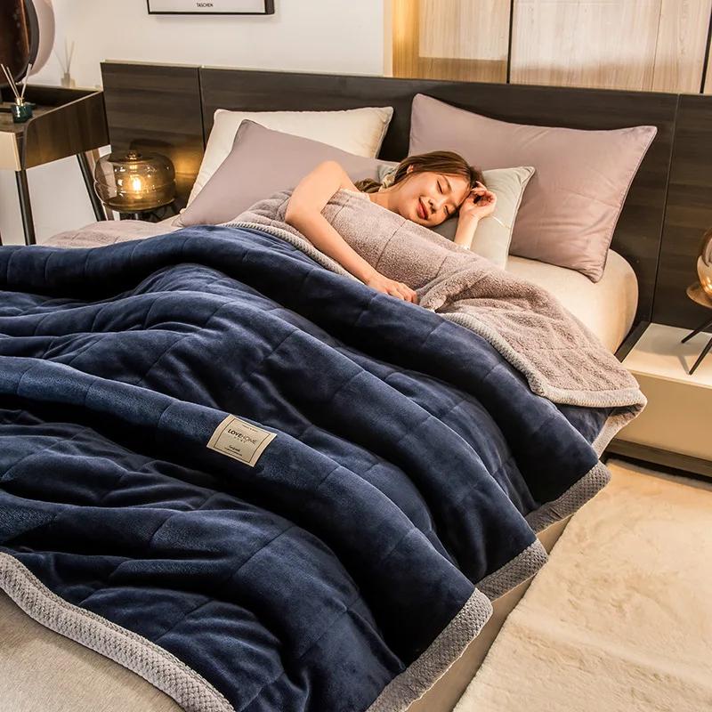 Coral Fleece Autumn Winter Warm Blankets For Bed 3 Layers Thicken Flannel Blanket Quilt Soft Comfortable Warmth Quilts Washable