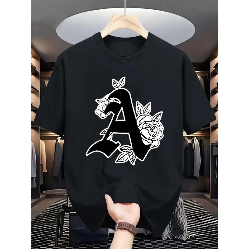 

European sizes Casual Summer Top Featuring a Romantic Rose Pattern Print, Designed for Men with Stylish Round Neck And Short Sleeves Suitable Shirt 4XL чорний