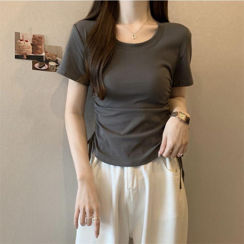 

Футболка с короткими рукавами из хлопка для женщин, новая летняя короткая футболка с завязками для девушек, однотонный топ с круглым вырезом XL серый