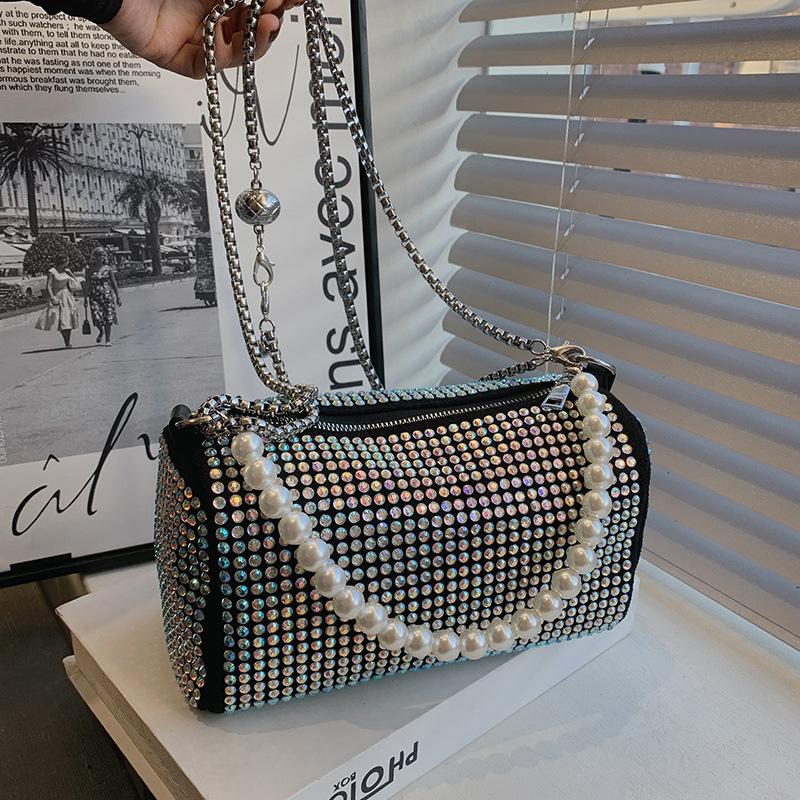 Popular Bright Diamond Small Bag Women's New Niche Chain Messenger Bag Pearl Portable Pillow Bag
