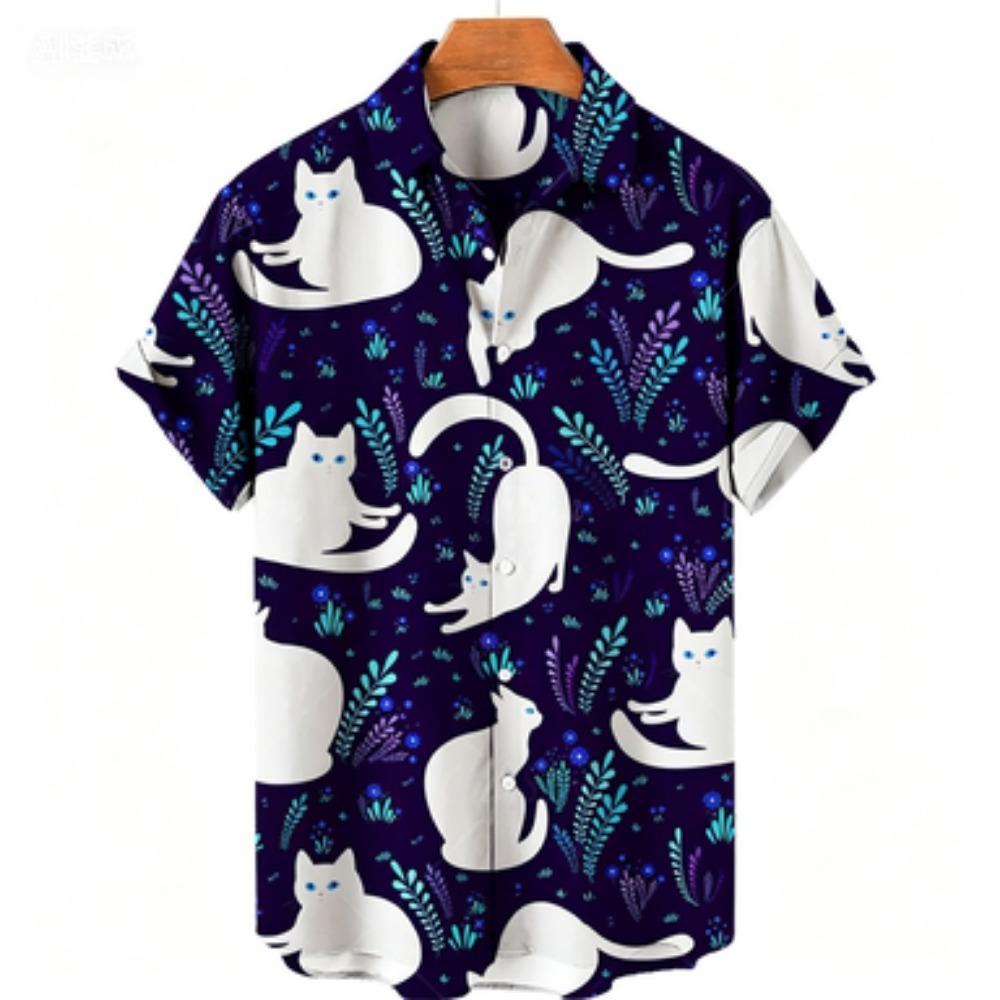 2026 Camicia Hawaiana Stampata Gatti Estiva da Uomo per Vacanza al Mare Top Casual Ampio Quotidiano