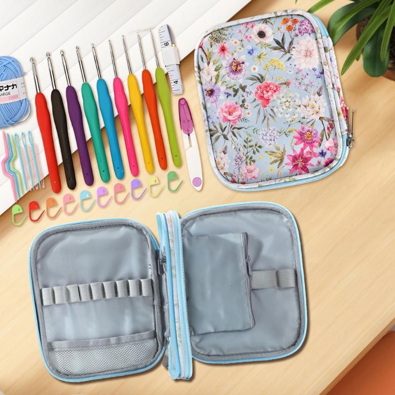 Häkelnadel-Organizer-Tasche Stoff Strickwerkzeug Aufbewahrungsetui Eingebautes Reißverschlussfach Elastische Schlitze für Nähzubehör