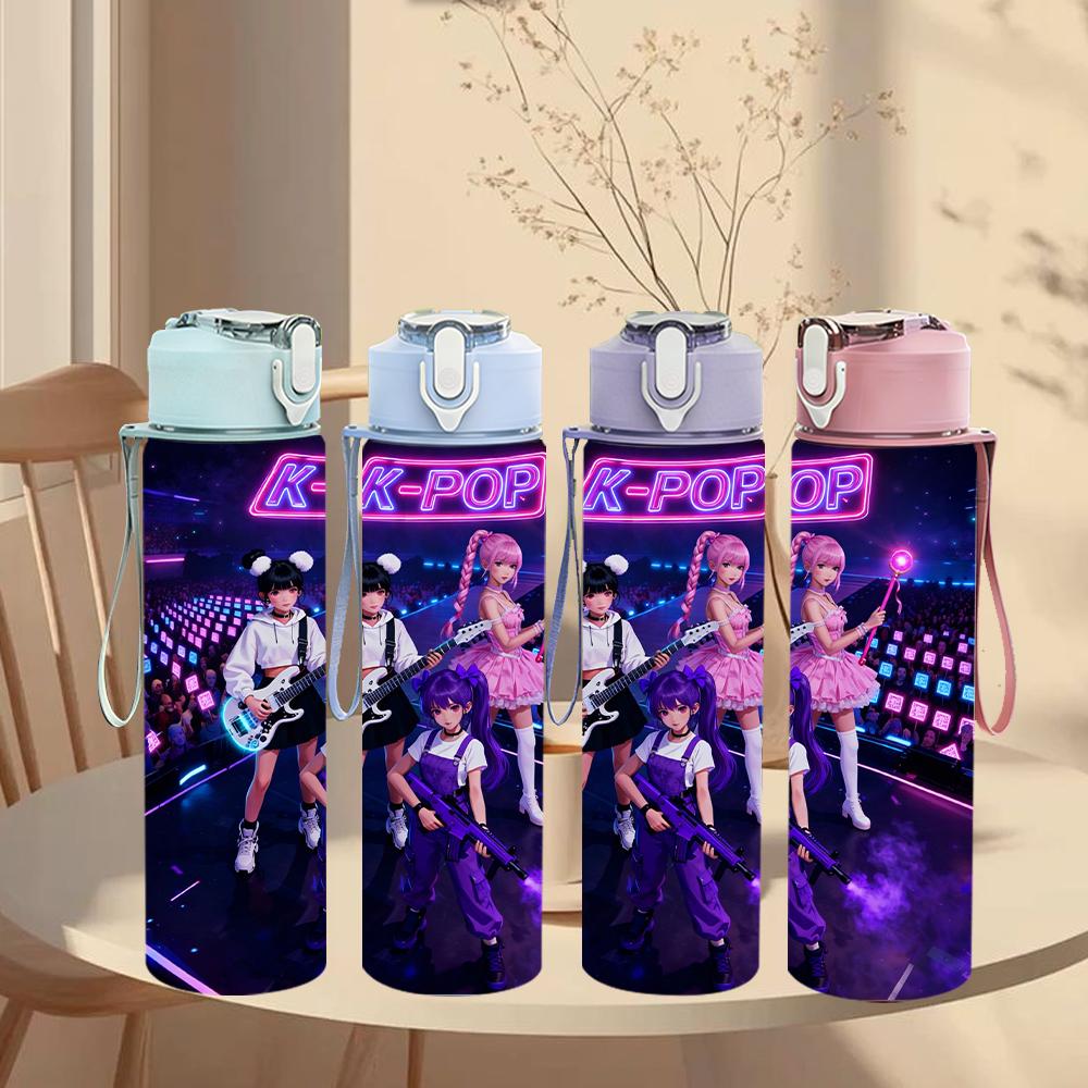 1PC Dark Neon Kpop Girl Live Stage Scene 750ml Color Plastic Water Bottle Leakproof Flip Straw Lid For Sports Office Home Use