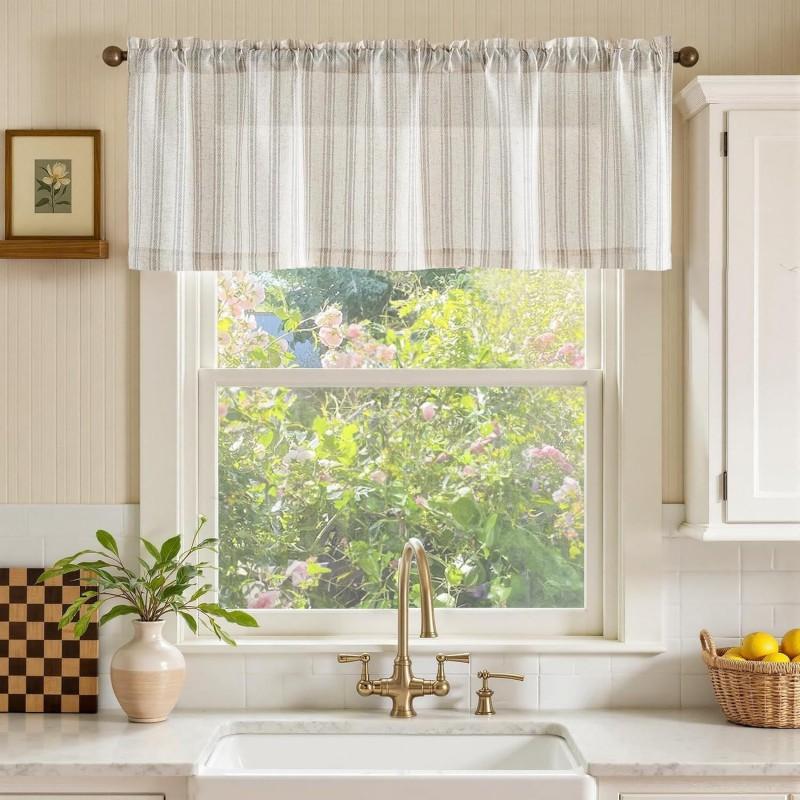 Linen Blend Flat Panel Striped Curtain Kitchen Dining Living Room Short Window Treatment Rod Pocket