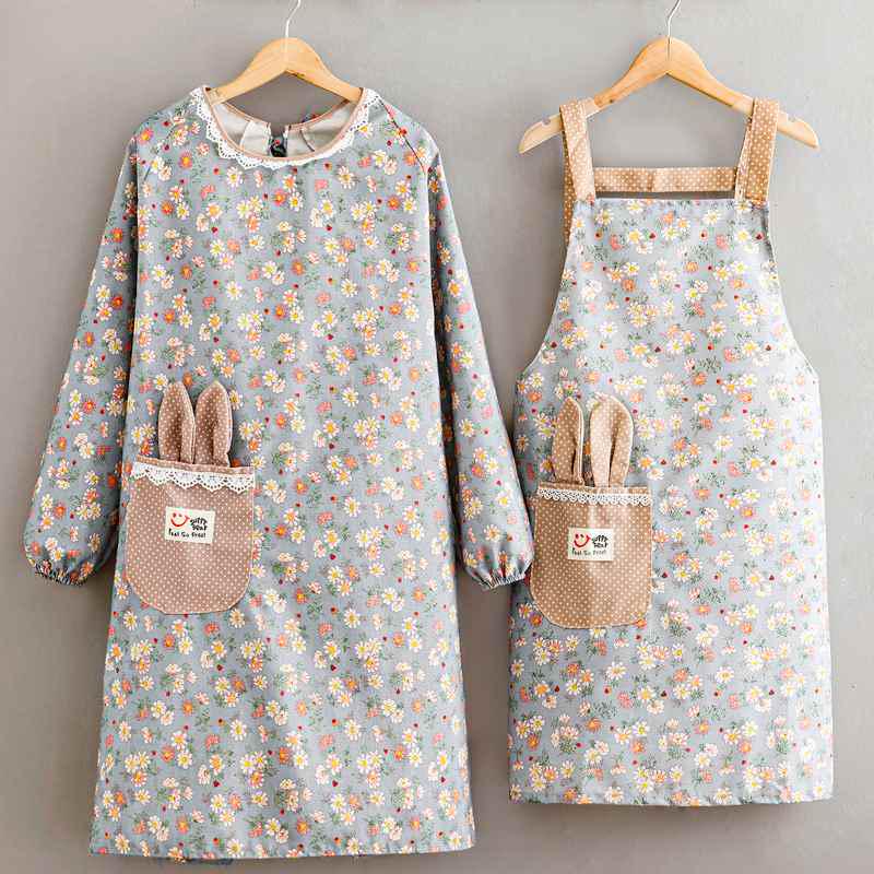 Schürze aus Canvas mit langen Ärmeln im koreanischen Stil mit Blumenmuster: Niedlicher, Atmungsaktiver, Verschleißfester, Ölabweisender Küchenkittel für Damen