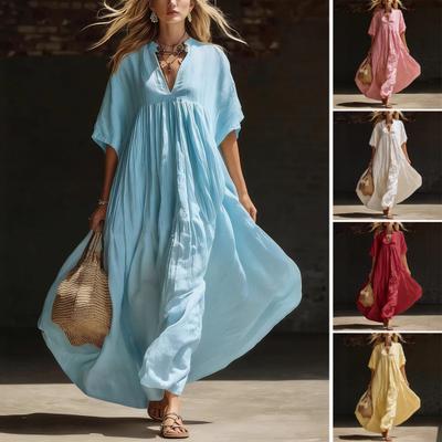Women's Short Sleeve A-line Swing Dress, V Neck Pleated Flowy Long Dress, Summer Casual Beach Vacation Sundress