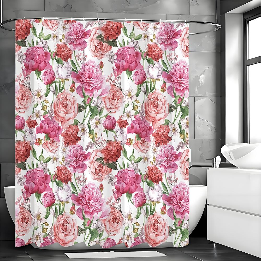 Spring Pink Floral Shower Curtain, Bathroom Decorative Shower Curtain, Waterproof Shower Curtain with Hooks