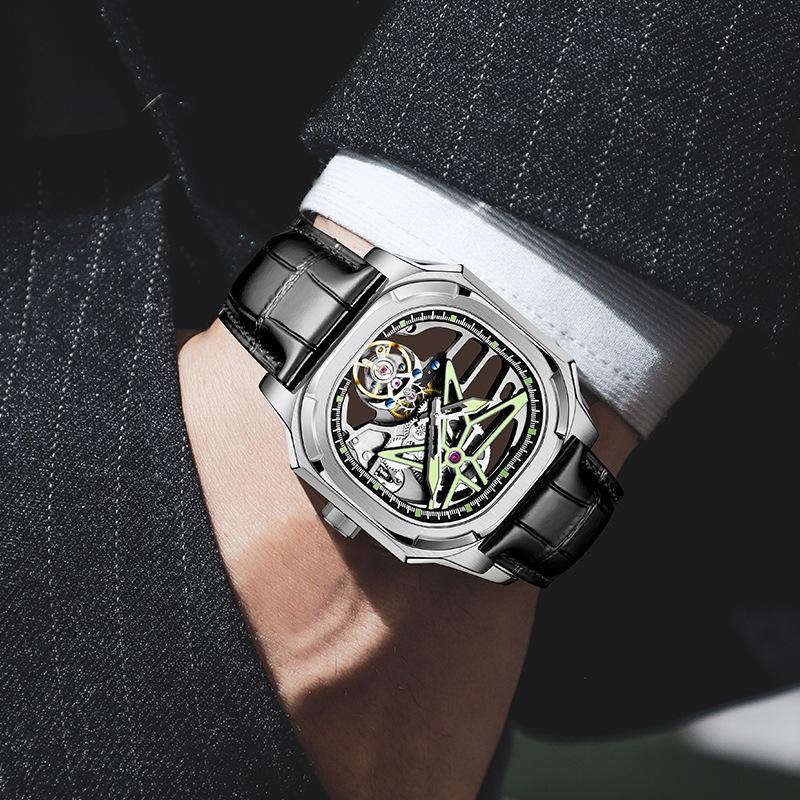 Swiss High-End Men's Mechanical Tourbillon Watch with Leather Strap