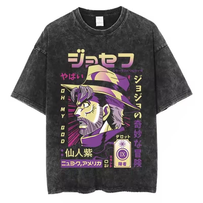 Vintage Washed TShirt Men Summer Streetwear T-shirt JoJo Bizarre Adventure Anime High Quality Cotton Casual Short Sleeve Tshirt